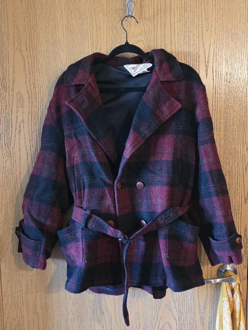 90s Woolrich Burgundy & Black Plaid Belted Pea Coat